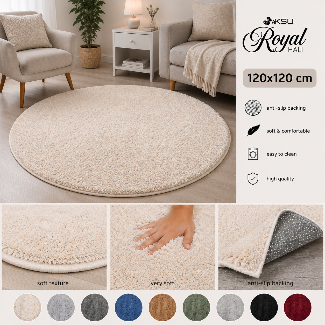 Tepih Aksu Royal Krem – Qilim i Butë Anti-Slip Premium për Sallon dhe Dhomë Gjumi