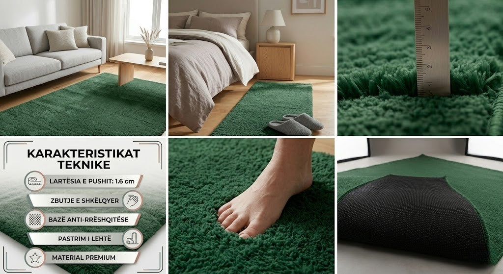 Tepih Aksu Royal Jeshile e Errët – Qilim i Butë Anti-Slip Premium për Sallon dhe Dhomë Gjumi